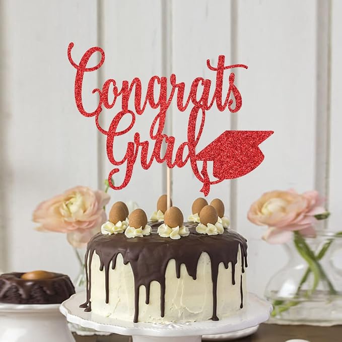 Congrats Grad Cake Topper,2026 Graduation Cake Topper, Congrats Grad Decorations,2026 High School/College/Senior Graduation Party Decorations Supplies. (red)