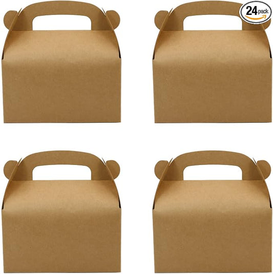 24-Pack Brown Party Favor Treat Boxes, Goodie Gable Paper Gift Boxes with Handles. Perfect for Birthday, Babyshower, and Any Fun Party