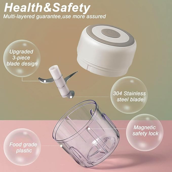 Electric Mini Garlic Chopper & Food Processor with Spoon & Brush - 2 Cup Portable Cordless Vegetable Blender, Onion Mincer with USB Charging for Baby Food, Chili, Herbs, Spices (White, 100+250ml)