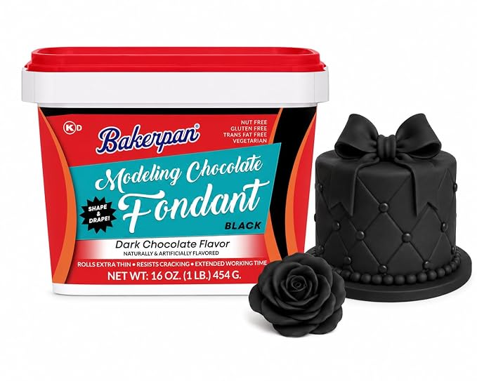 Bakerpan Chocolate Fondant and Modeling Chocolate Blend – Hybrid Fondant for Cake Decorating & Sculpting, Rolls Thin and Resist Cracking, Black - 1 Pound