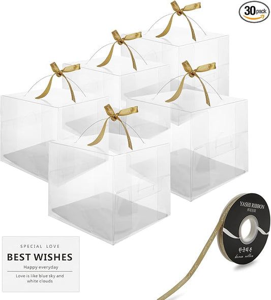 CYEAH 30Pcs Clear Cake Box, 6 x 6 x 5 Inch Bento Cake Box with Handle, Clear Gift Boxes with Ribbons & Stickers for Cake, Bakery Boxes Packaging Carriers for Cookie Candy Wedding Party