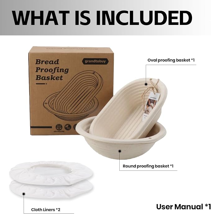 2-Pack Sourdough Bread Proofing Basket Set, 8" Oval & 7.5" Round Pulp Banneton with 2 Linen Liners, for Artisan Bread Baking