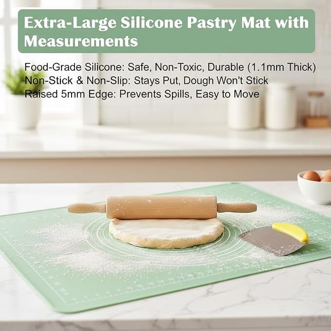 28" x 20"Silicone Baking Mat, Extra Thick Dough Rolling Mat with Measurements and Edge Heightening, Non-stick Food Grade Silicone Pastry Mat for Pastry, Bread, Cookies