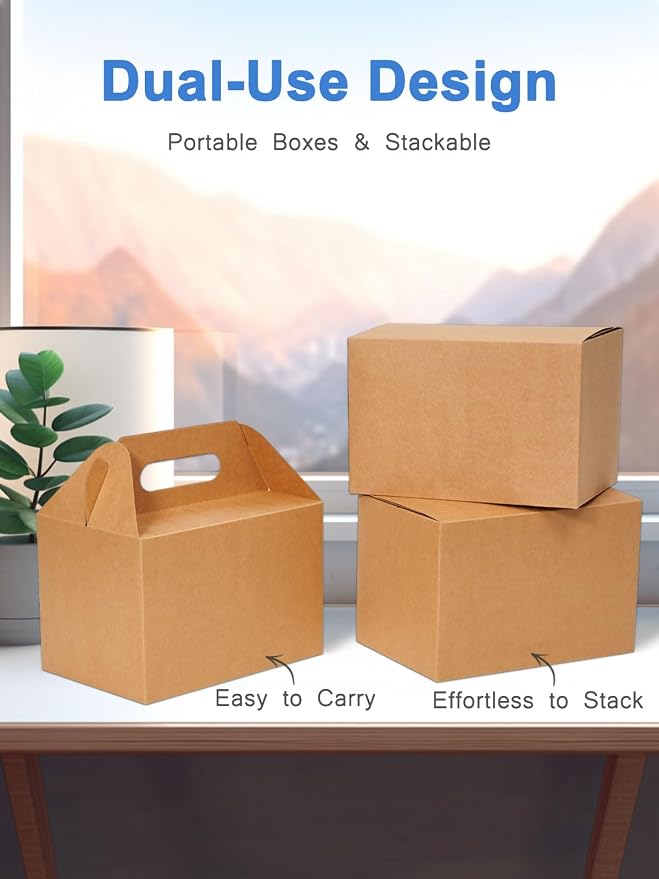 Shallive 50 Pcs Large Treat Boxes 9x6x6 Inch Brown Gable Gift Boxes with Handle Kraft Lunch Boxes Recycled Paper Gift Bags Take Out Cookie Boxes Welcome Boxes Candy Bags For Wedding Supplies