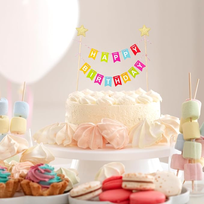 1 Set Mini Rainbow Cake Topper, Happy Birthday Cake Flag Banner, Golden Star Cake Topper, Colorful Rainbow Cake Decoration for Boys Girls Birthday Baby Shower Party Baking Decoration Supplies, Style 2