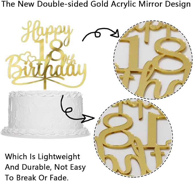 Sleyberoy Acrylic Happy 18th Birthday Cake Topper- Hello 18,Cheers to 18 Years,18th Anniversary/Birthday Party、Boys and girls, Happy eighteen Birthday Selected cake decoration (18th)