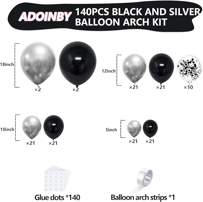 Black and Silver Balloon Arch Kit, 140Pcs Different Sizes inch Black Metallic Silver Balloons and Confetti Party Balloon Garland Kit for Birthday, Wedding, Graduation, Anniversary Decorations