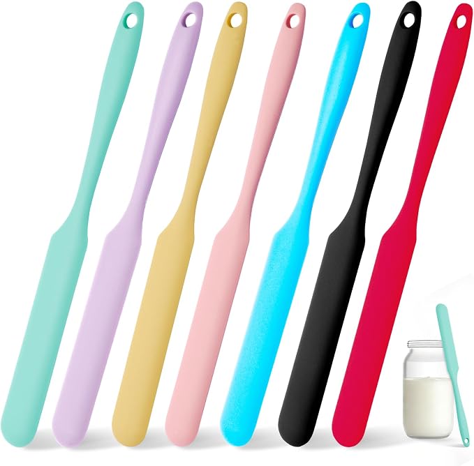 7 Pcs Silicone Jar Spatula Set, Sourdough Spurtle, Jar Scraper, Long Handle Thin Spatulas, Perfect for Jars, Bottles, Containers, Mixing, Scraping, Spreading Jam, Cake Icing and Sourdough Tools. (7)