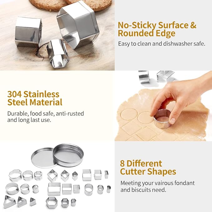 ofone Small Cookie Cutters Geometric Shapes Set, 24 Mini Fondant Cutter - Square Triangle Oval Rectangle Hexagon Octagon Circle Diamond, Tiny Stainless Steel Biscuit Molds for Baking Dough Pastry