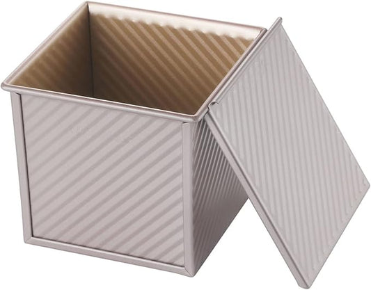 CHEFMADE Square Pullman Loaf Pan with Lid, 1Lb Dough Capacity Non-Stick Rectangle Corrugated Toast Box for Oven Baking 5.3" x 5.3"x 5.2"(Champagne Gold)