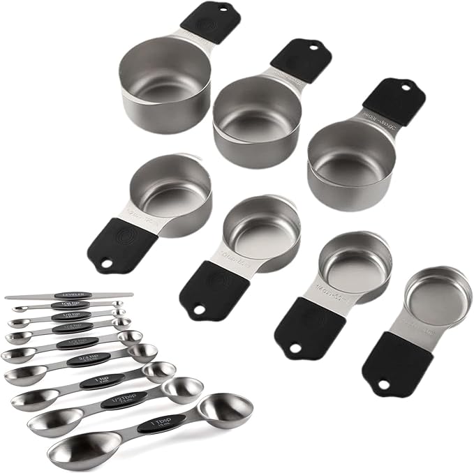 Magnetic Measuring Cups and Spoons Set 16 Piece, 304 Stainless Steel Measuring Cups Spoons with Leveler, Double Engraved Markings, Nesting Magnetic Design, Black Handle, for Baking Cooking Dry Liquid