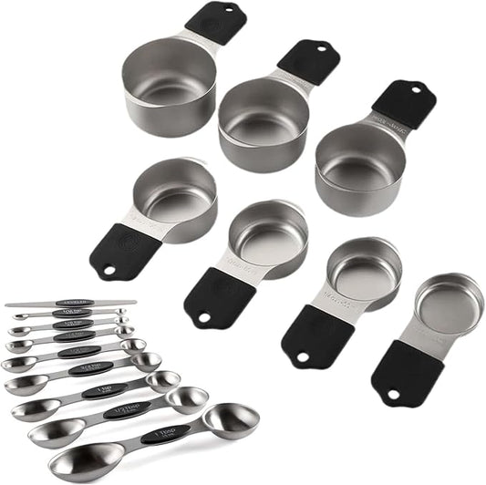 Magnetic Measuring Cups and Spoons Set 16 Piece, 304 Stainless Steel Measuring Cups Spoons with Leveler, Double Engraved Markings, Nesting Magnetic Design, Black Handle, for Baking Cooking Dry Liquid