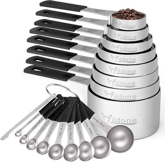 Wildone Stainless Steel 18-Piece Measuring Cups and Spoons Set | Stainless Steel Kitchen Gadgets for Cooking & Baking, Heavy Duty for Measuring Dry/Liquid Ingredients, Black