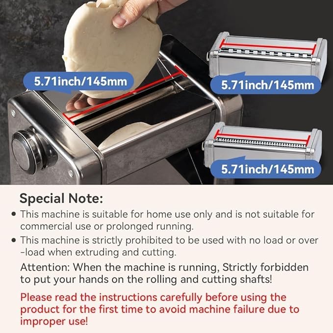 Domestic Electric Pasta Maker Automatic Stainless Steel Noodle Machine with Adjustable Dough Roller/Cutter for Home Handmade Spaghetti, Fettuccini, Lasagna, Pie Crust, Dumpling, Wonton