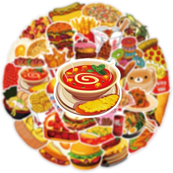 Cute Food Stickers 50PCS Fast Food Sticker Bag Waterproof Vinyl Aesthetic Decals for Scrapbook, Water Bottles, Laptops, Mobile, Skateboard, Guitar, Perfect for Kids Teens Girls