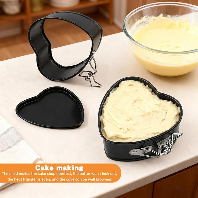 Heart Springform Pans 4 Inch, Set of 4 Mini Cheesecake Pans, Nonstick | Removable bottom, Spring latch release, Carbon steel with nonstick coating, Oven safe 445F, Hand wash recommended