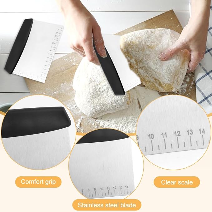 5Piece Dough Scraper Set, 2 Stainless Steel Bench Scrapers with Scale + 3 Plastic Bowl Scrapers, Non-Slip Handle, for Baking Pizza Bread Cake
