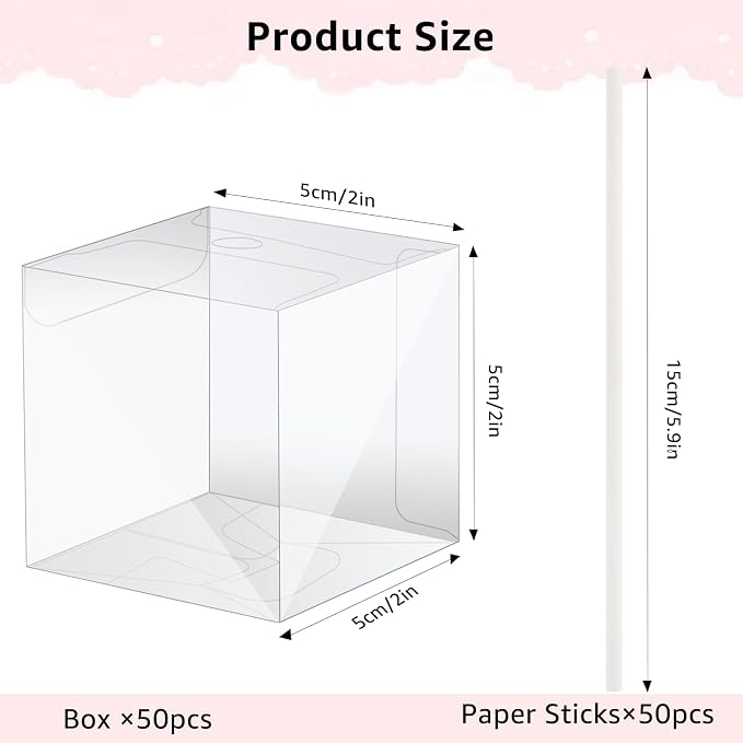 MGWOTH 50 Set Cake Pop Boxes with Paper Sticks Kit: Clear Gift Container with Holes for Candy, Macaron, Lollipop Packaging, Mini Plastic Cakepop Wrapping for Wedding Party Birthday Christmas