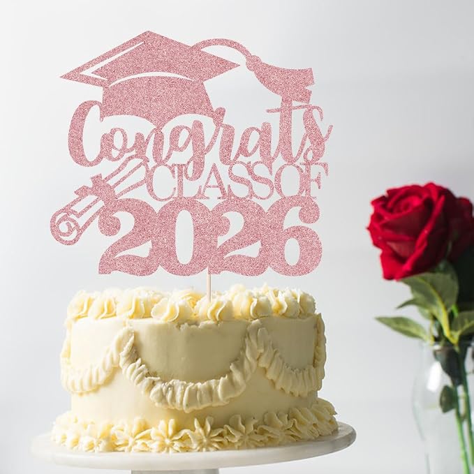 Congrats Class Of 2026 Cake Topper, Glitter Graduation Party Supplies - High School College Graduates -College Graduate Cake Topper Decorations Supplies (Rose gold)