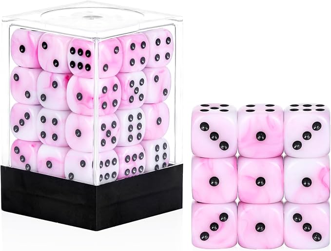 36 of Pack 12MM 6 Sided MINI Dice Set,Mixed Colours Swirls D6 Game Dice Set, 6 Sided Standard Dices for Yahtzee, Bunco or Teaching Math,with Portable Plastic Box(Pink White)
