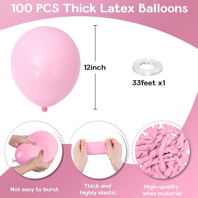Jobkoo Pastel Pink Balloons 12 Inch, 100 Pack Baby Pink Balloon Light Pink Latex Balloons Matte Pale Soft Macaron Pink Helium Balloons for Gender Reveal Baby Shower Princess Birthday Party Decorations