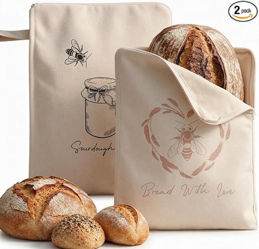 Beeswax Bread Bags for Homemade Bread — 2 Pack XL 17x13 Reusable Sourdough Bread Bag, Linen Cotton Bread Storage Bags for Countertop & Freezer, Keeps Loaves Fresh 3-5 Days, by KITA Home