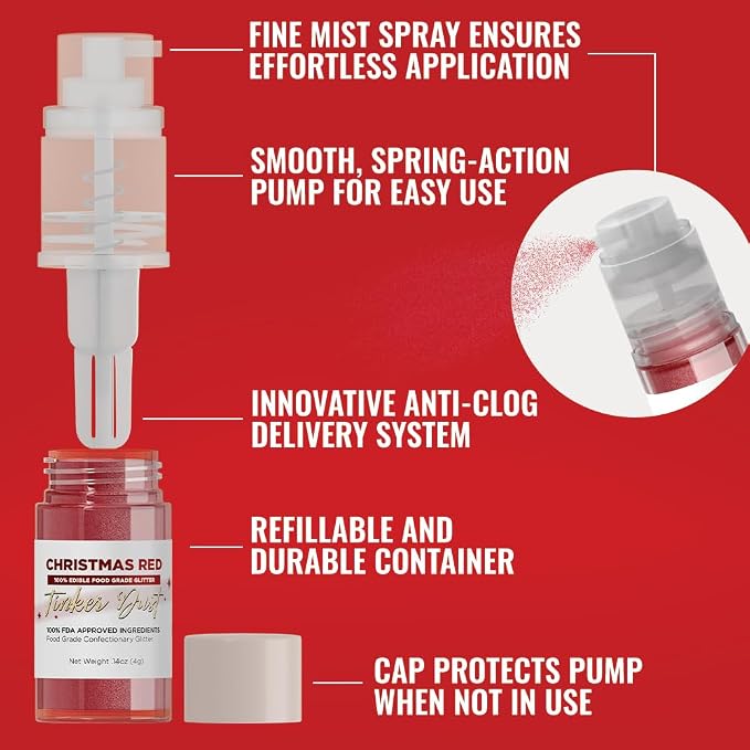 Bakell - Christmas Red Tinker Dust (4g, 1x Mini Spray Pump) Edible Glitter for Food, Desserts, and Baked goods!