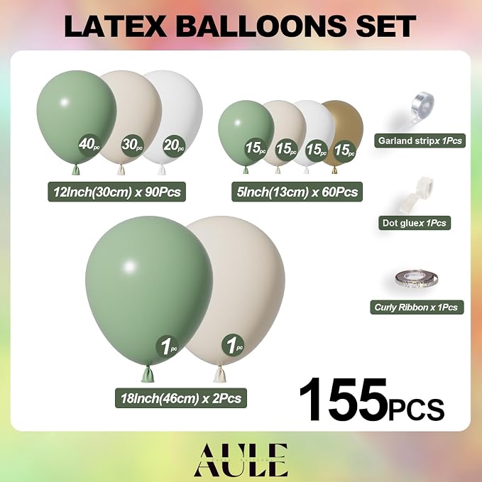 AULE Sage Green Balloon Arch Kit 155Pcs Olive Dusty Green Sand White Gold Balloons Garland for Wedding Birthday Graduation Anniversary Gender Reveal Baby Shower Theme Party Decoration