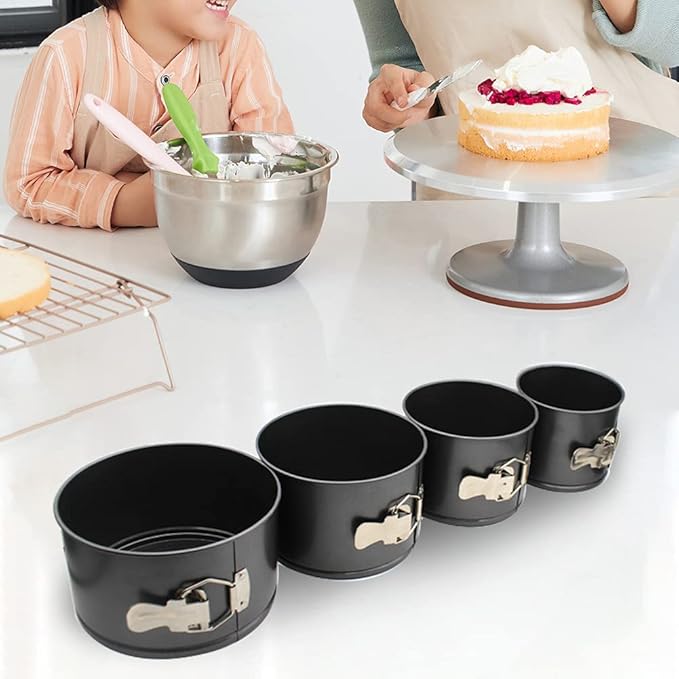 4 Pcs Springform Pan (4inch, 5inch, 6inch, 7inch), Cake Tin for Baking, Detachable Bottom Carbon Steel Cheesecake Mold (Black)
