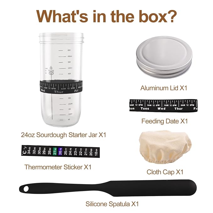 24 oz Wide Mouth Sourdough Starter Jar Kit, Glass Fermentation Container with Date Marker, Thermometer, Silicone Scraper & Lids, Airtight Glass Storage Canister for Homemade Bread Baking, Complete Sourdough Baking Supplies