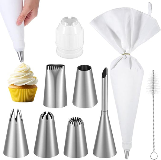 9 Piece Piping Bags and Tips Set, 16inch Reusable Pastry Bags for Cake Decorating, Cupcakes, Cookies, otton Baking Kit with Coupler, Stainless Steel Nozzles & Cleaner