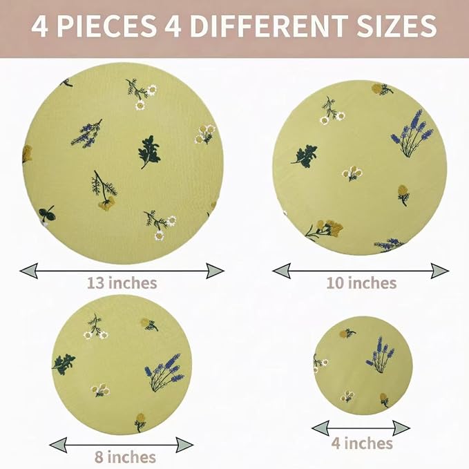 Reusable Bowl Covers (Set of 4) - Breathable Cotton Linen Sourdough Accessories - Elastic Durable Fabric Food Lids for Proofing Baskets & Bread Baking Supplies (Pale Mustard)
