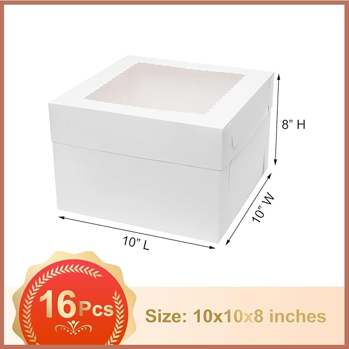 Mcfleet 16pcs Cake Boxes 10 Inch 10x10x8 Bakery Boxes for Tier Cakes with Window White Large Tall Cardboard Bakery Take Out Carrier Containers with Lids for Wedding, Birthday, Party