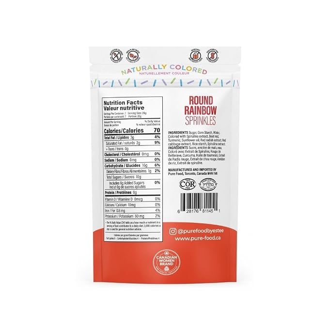 Pure Food By Estee, Rainbow Nonpareils | Vegan Sprinkles for Ice Cream | Dye Free Sprinkles | Rainbow Jimmies for Baking | Natural Sprinkles | Gluten Free, Dairy Free, Nut Free, 142g
