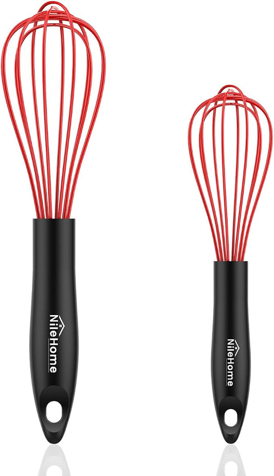 NileHome Silicone Whisk Set 8" 10", 2 Pack Kitchen Whisk Kitchen Wisk Wire Whisks for Cooking, Whisking, Blending, Beating, Stirring-Red