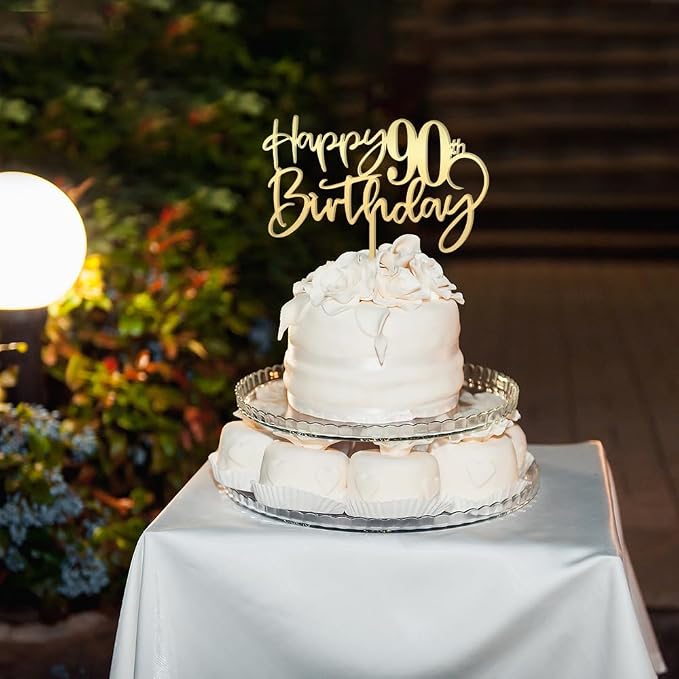 Happy 90th birthday cake Topper,Mirrored Gold Acrylic Durable Cake Topper,90th Birthday Party Cake Decorations,Hello 90th years old, Happy ninety years old, Birthday Party Decorations
