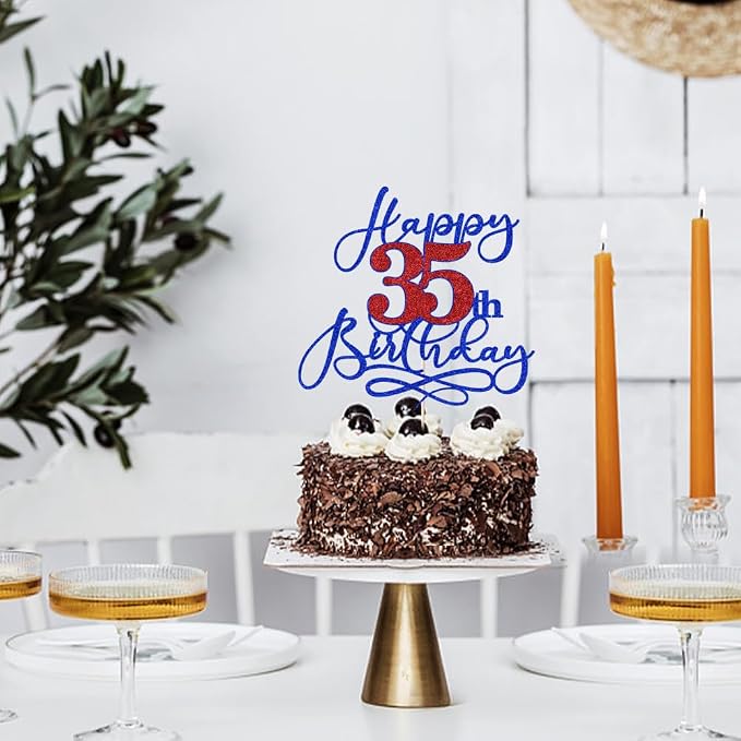 Happy 35th Birthday Cake Topper,Black font Golden Numbers 35th Birthday Cake Decoration，Hello 35, Cheers to 35 Years/35th Anniversary ，35& Fabulous Party Decoration