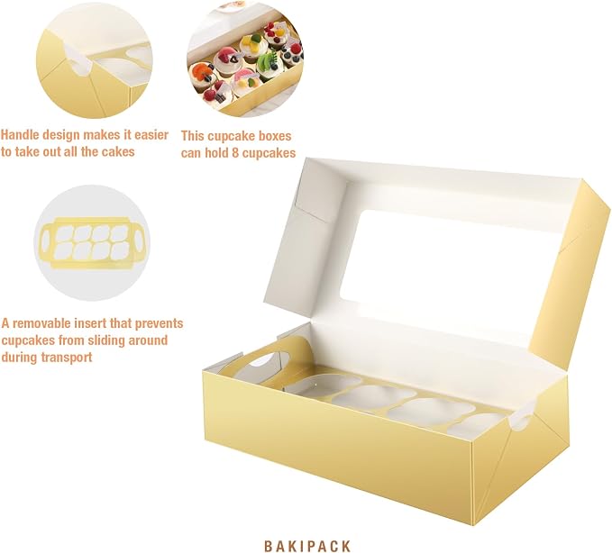 15 Gold Cupcake Boxes 8 Count with Window and Inserts, Cupcake Containers, Cupcake Holder, Muffin Boxes, Treat Boxes for Any Sweets