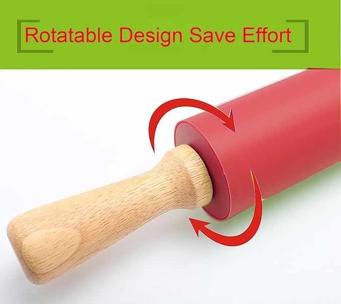 Silicone Rolling Pin, Red 9 Inch Pin with Wooden Rotatable Handle for Dough of Baking Bread, Cookie, Pizza (red, 9 inch)