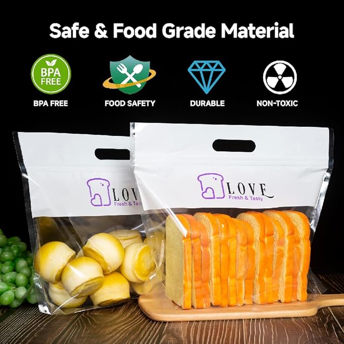 Plastic Bread Bags for Homemade Bread, Freezable Seal Tight Bakery Bags with Clear Window for Loaves, Sourdough，Bagels (50 Packs) White-13.8" x 11.8"