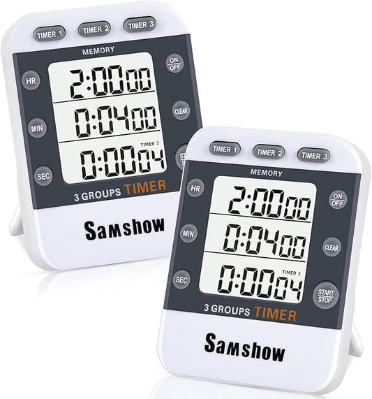 (2 Pack) Digital Kitchen Timers for Cooking Triple Timer Count UP/Down Dual Timer Large LCD Display, Adjustable Volume Loud Alarm, Magnetic Stopwatch, Battery Included White