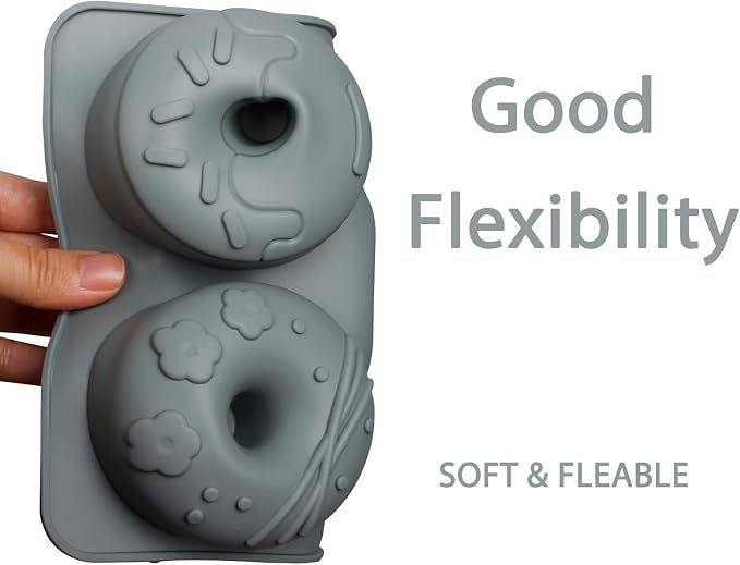Silicone Donut Molds, 6-Cavity Non-Stick Baking Pan with Decorative Designs for Chocolate Desserts, Gray, 10.8 x 6.7 x 1.3 inches