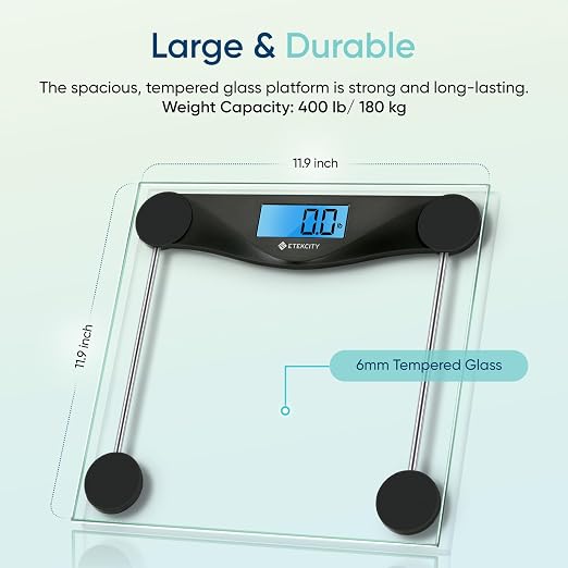 Etekcity Digital Body Weight Bathroom Scale, Large Blue LCD Backlight Display, High Precision Measurements, 6mm Tempered Glass, 400 Pounds, Black