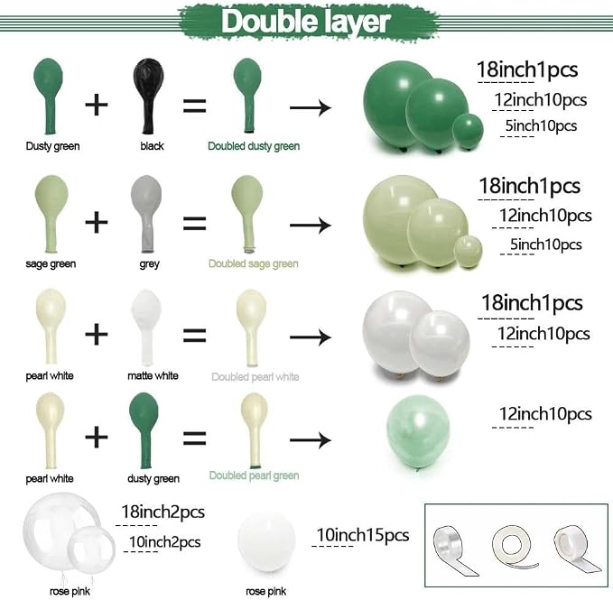 Green White Balloons Double Stuffed Dusty Green Bobo Pearl Balloon Arch Kit Latex Light Olive White Balloon Garland for Bridal Shower Birthday Baby Shower Wedding Anniversary Baptism Decor