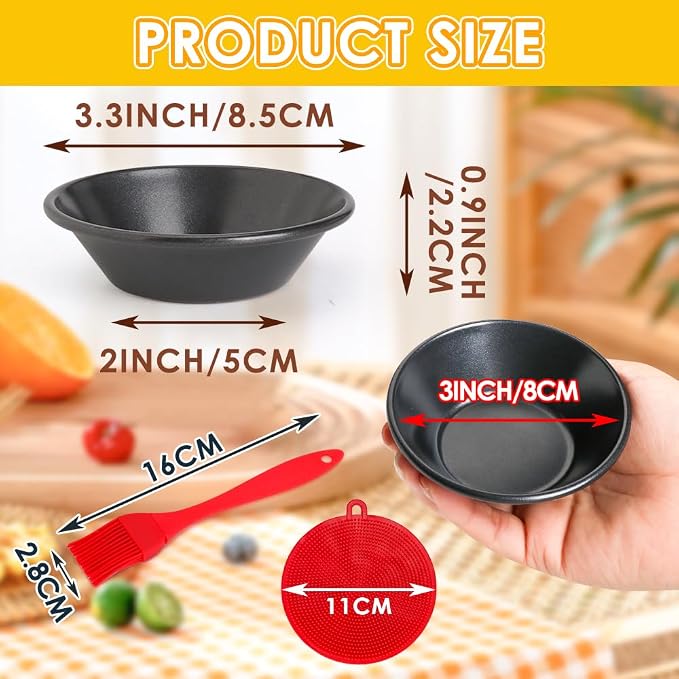 3 Inch Egg Tart Molds Set of 4, Carbon Steel Mini Tart Pan Non-Stick Tartlet Pans, Includes Oil & Dish Brushes for Baking Cupcake Cake Muffin Mold Tin Pan for Cakes, Cookies, Desserts
