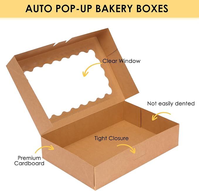 Moretoes 15pcs Bakery Boxes, 12x8x2.5 Inches Auto-Popup Cookie Boxes with Windows for Chocolate Covered Strawberries, Donuts, Pastries (Brown)