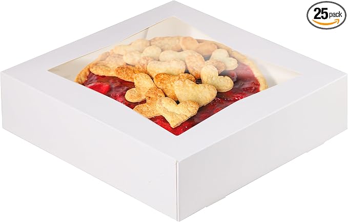 Fit Meal Prep [25 Pack] Pie Boxes with Window 9x9x2.5 White Pastry Boxes Auto Pop-up Bakery Containers for Dessert, Cookies, Cheesecake Treat Box for Packaging
