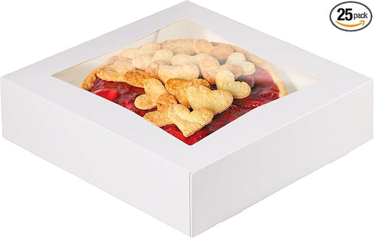 Fit Meal Prep [25 Pack] Pie Boxes with Window 9x9x2.5 White Pastry Boxes Auto Pop-up Bakery Containers for Dessert, Cookies, Cheesecake Treat Box for Packaging