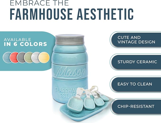 Comfify Aqua Blue Mason Jar Measuring Set – 4 Cups, 4 Spoons, Spoon Rest | Aqua Blue; ceramic; 9-piece set; 4 measuring cups + 4 measuring spoons + spoon rest; mason jar design; hand wash only