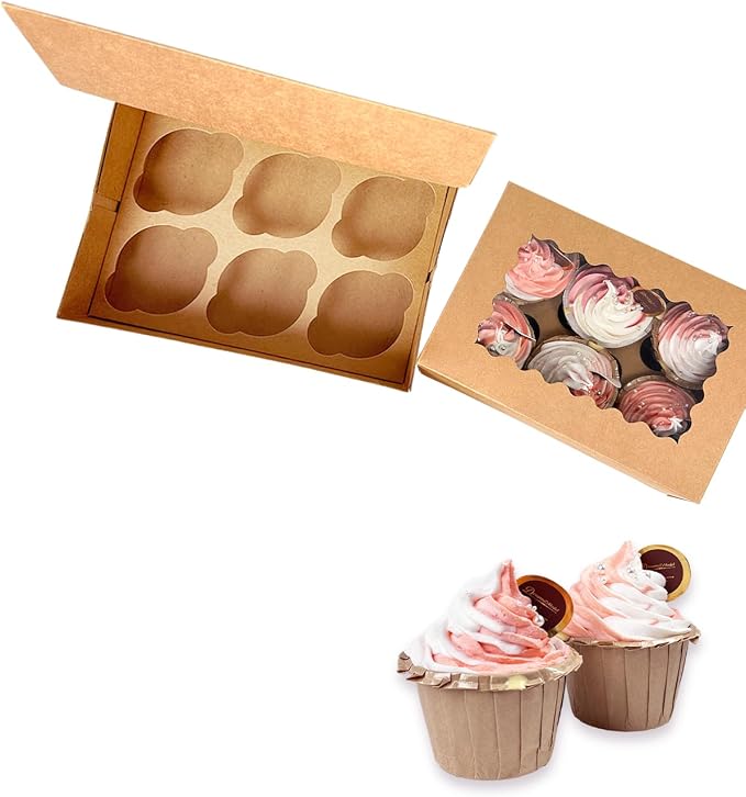 Bakepacker Auto-pop up 6 Cupcake Boxes with Window 20 Count Brown Box 9.4 x 6.1 x 3 inch Cupcake Carrier